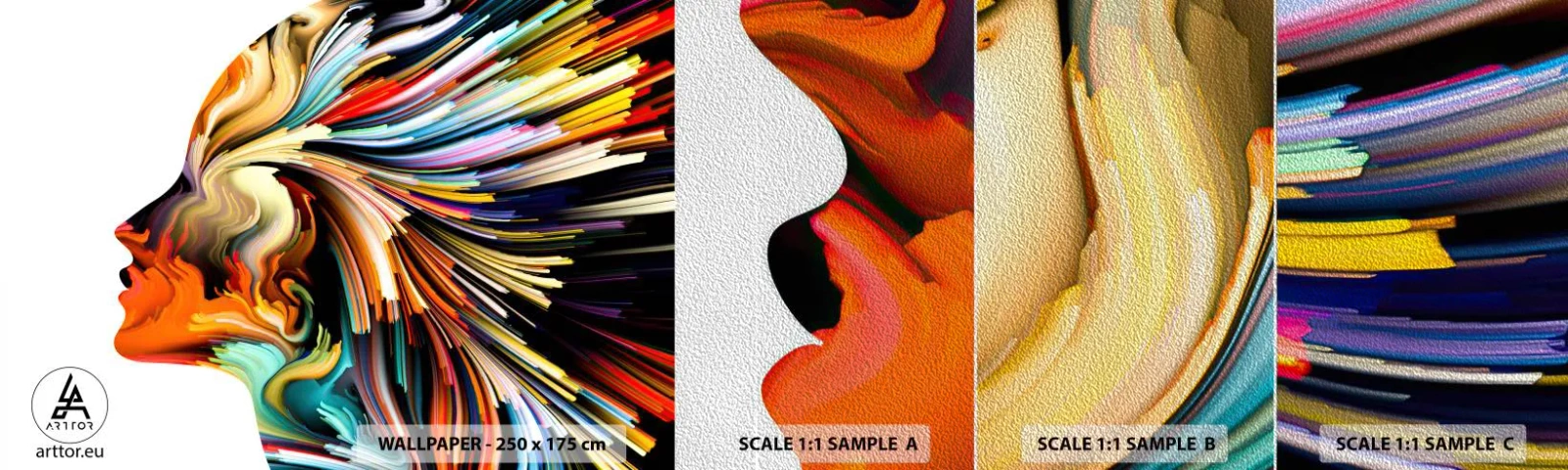 Échantillon de Papier Peint Premium Sand - Une explosion d'imaginaire - Abstraction, Femme, Graphique - 100x30 cm