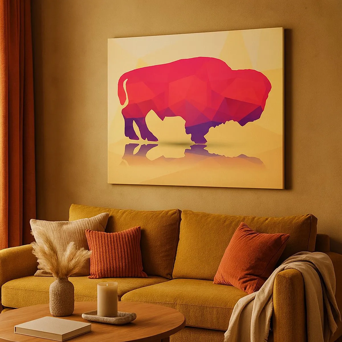 Impression sur toile - Image sur toile - Silhouette géométrique d'un bison dans les tons de rouge et de violet - 70x50cm - La force amarante du bison - Décoration murale moderne pour le salon et la chambre ARTTOR