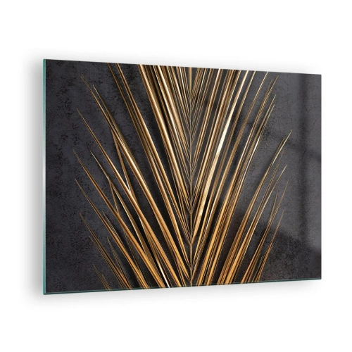 Impression sur verre - Image sur verre - Feuille de palmier dorée sur fond sombre - 70x50cm - L'or des tropiques - Décoration murale moderne pour le salon et la chambre ARTTOR