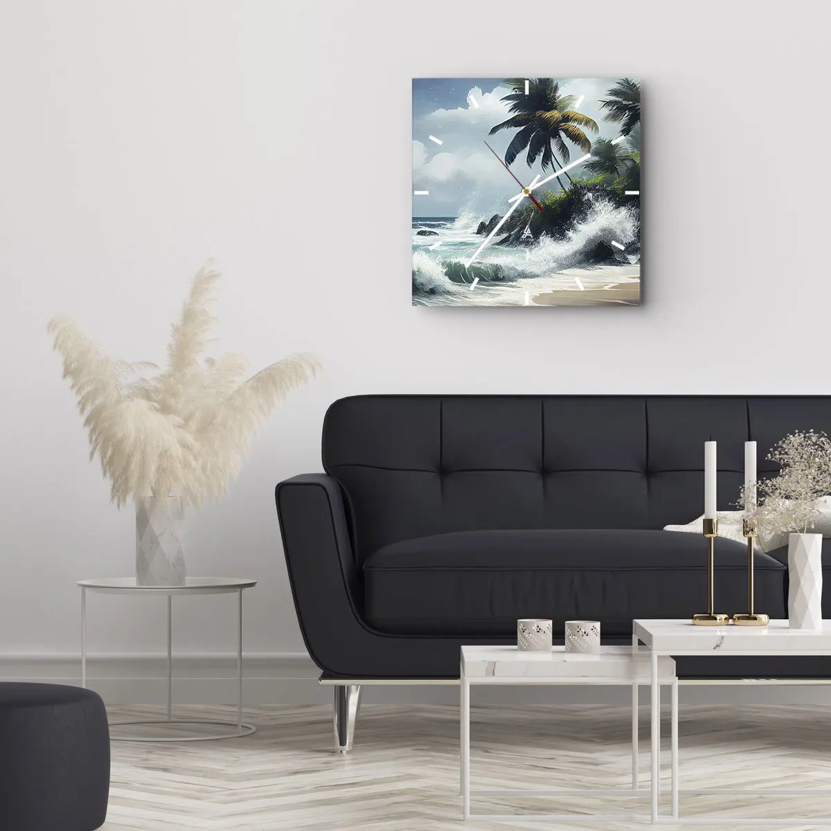 Horloge murale - Pendule murale - Rivage tropical avec palmiers et mer agitée - 30x30cm - Sur une côte tropicale - Décoration murale moderne pour le salon et la chambre ARTTOR
