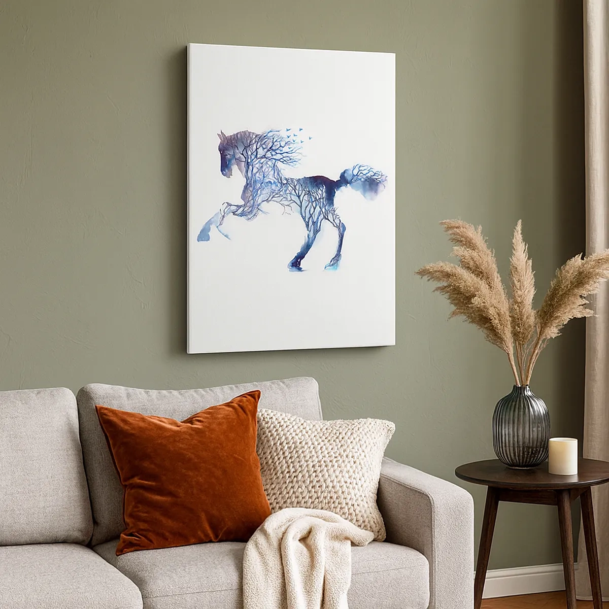Impression sur toile - Image sur toile - Graphique artistique de cheval avec des motifs d'arbres et d'oiseaux - 50x70cm - Comme si la forêt avait bougé - Décoration murale moderne pour le salon et la chambre ARTTOR