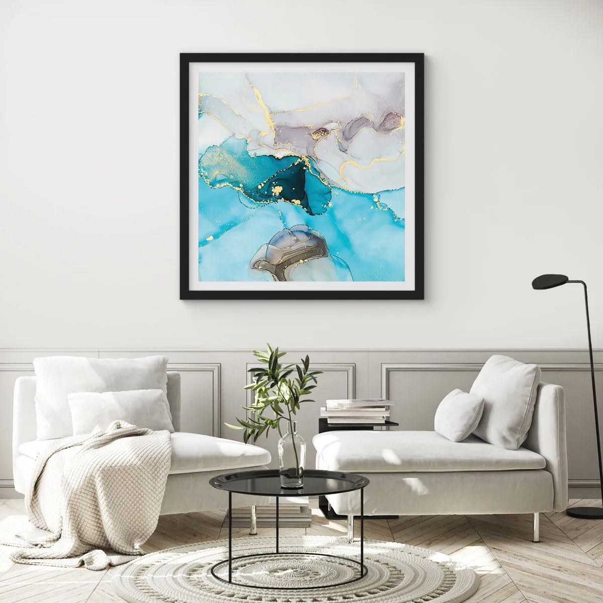 Affiche dans un cadre noir - Poster - Etude de la rencontre gris et turquoise - 30x30 cm
