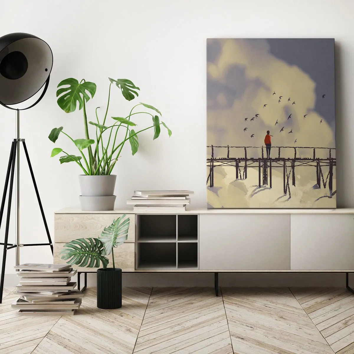 Impression sur toile - Image sur toile - Une silhouette sur un pont parmi les nuages avec des oiseaux dans le ciel - 80x120cm - Bleu nostalgie - Décoration murale moderne pour le salon et la chambre ARTTOR