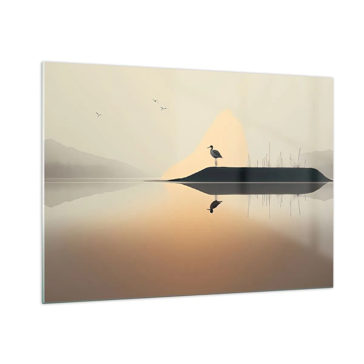 Impression sur verre - Image sur verre - Un héron debout sur une île dans les eaux calmes d'un lac - 100x70cm - Le seigneur du lac - Décoration murale moderne pour le salon et la chambre ARTTOR