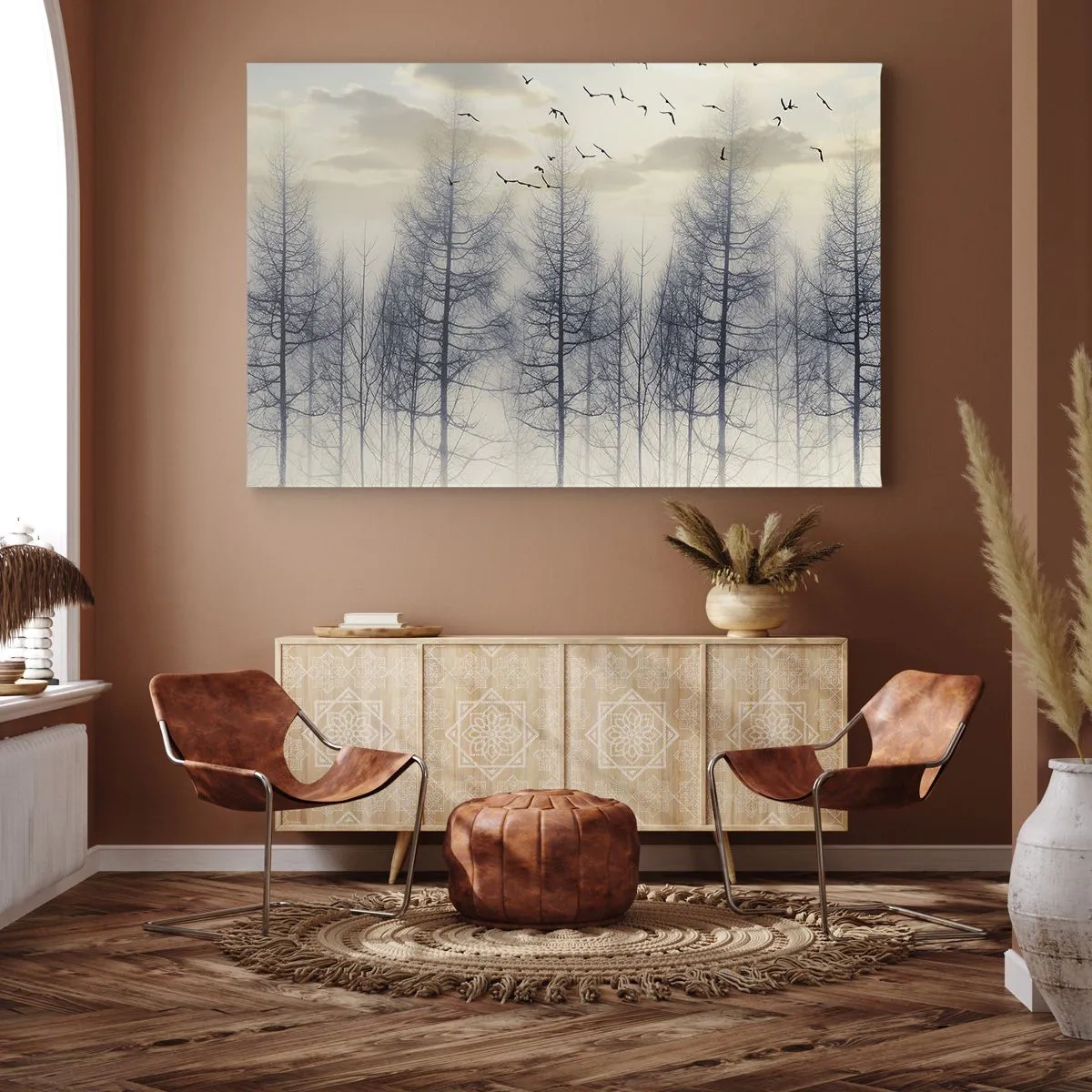 Impression sur toile - Image sur toile - Forêt brumeuse avec des oiseaux contre le ciel du coucher du soleil - 70x50cm - L'âme de la forêt - Décoration murale moderne pour le salon et la chambre ARTTOR