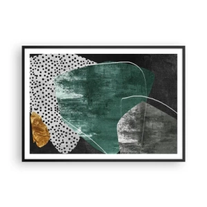 Affiche dans un cadre noir - Poster - Composition abstraite avec des formes vertes et des motifs à pois - 100x70cm - Abstraction colorée avec feuille d'or - Décoration murale moderne pour le salon et la chambre ARTTOR