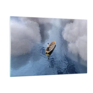 Impression sur verre - Image sur verre - Un homme dans un bateau naviguant sur l'eau parmi les nuages - 120x80cm - Vie – voyage – inconnu - Décoration murale moderne pour le salon et la chambre ARTTOR