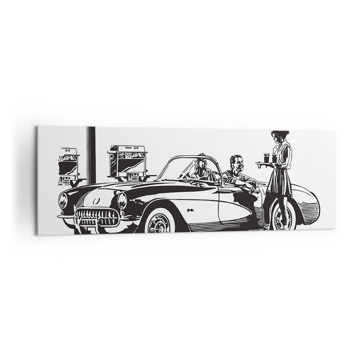 Impression sur toile - Image sur toile - Une scène rétro en noir et blanc avec une voiture et une serveuse en patins à roulettes. - 160x50cm - 60's - Amérique insouciante - Décoration murale moderne pour le salon et la chambre ARTTOR