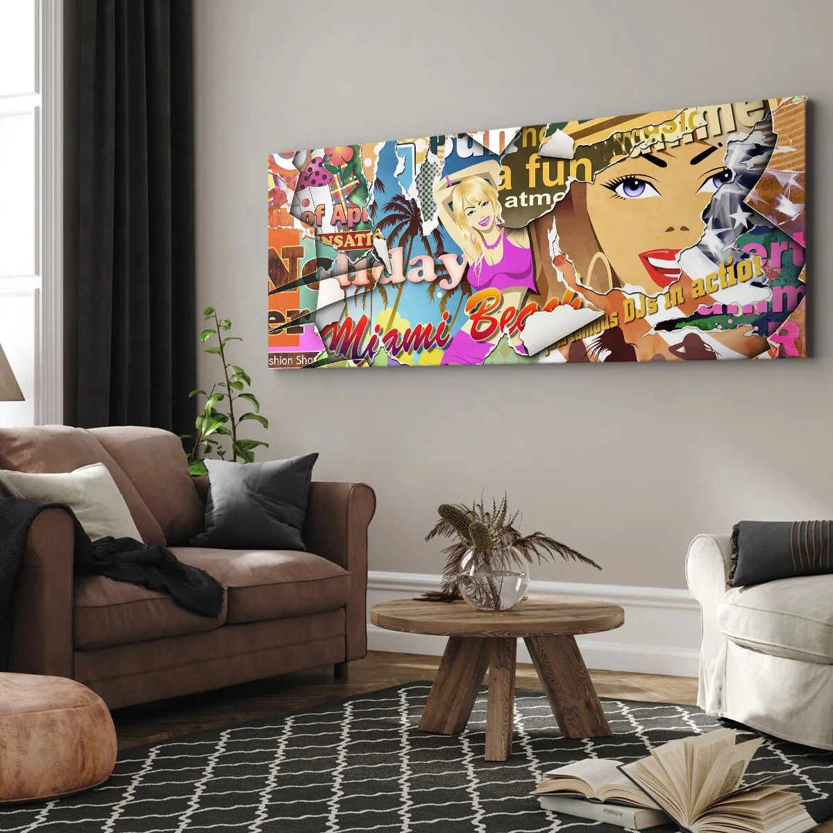 Impression sur toile - Image sur toile - Un collage coloré avec des éléments rétro et pop art. - 140x50cm - Souvenirs de vacances - Décoration murale moderne pour le salon et la chambre ARTTOR