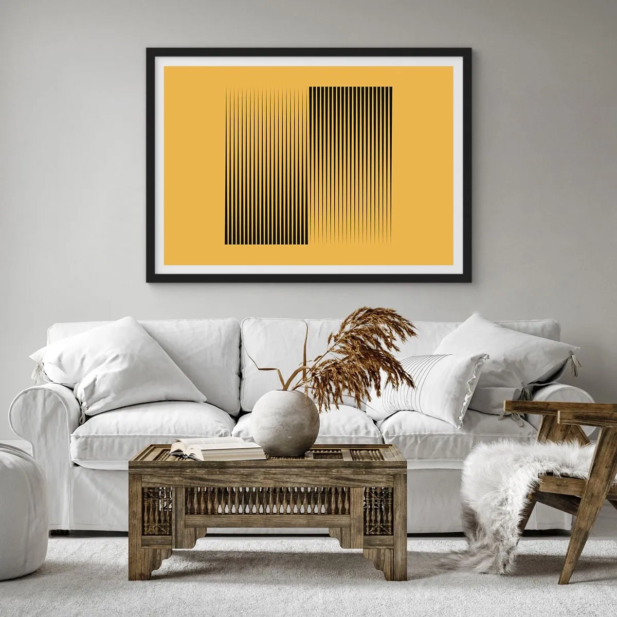 Affiche dans un cadre noir - Poster - Lignes noires verticales sur fond jaune - 100x70cm - Cadre opposé - Décoration murale moderne pour le salon et la chambre ARTTOR