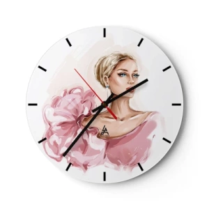 Horloge murale - Pendule murale - Portrait stylisé d'une femme en robe rose sur fond blanc - 30x30cm - Comme peinte... - Décoration murale moderne pour le salon, la cuisine et la chambre ARTTOR