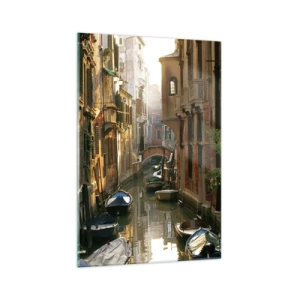 Impression sur verre - Image sur verre - Un canal pittoresque à Venise avec des bateaux et un pont - 70x100cm - Dans une ruelle vénitienne - Décoration murale moderne pour le salon et la chambre ARTTOR