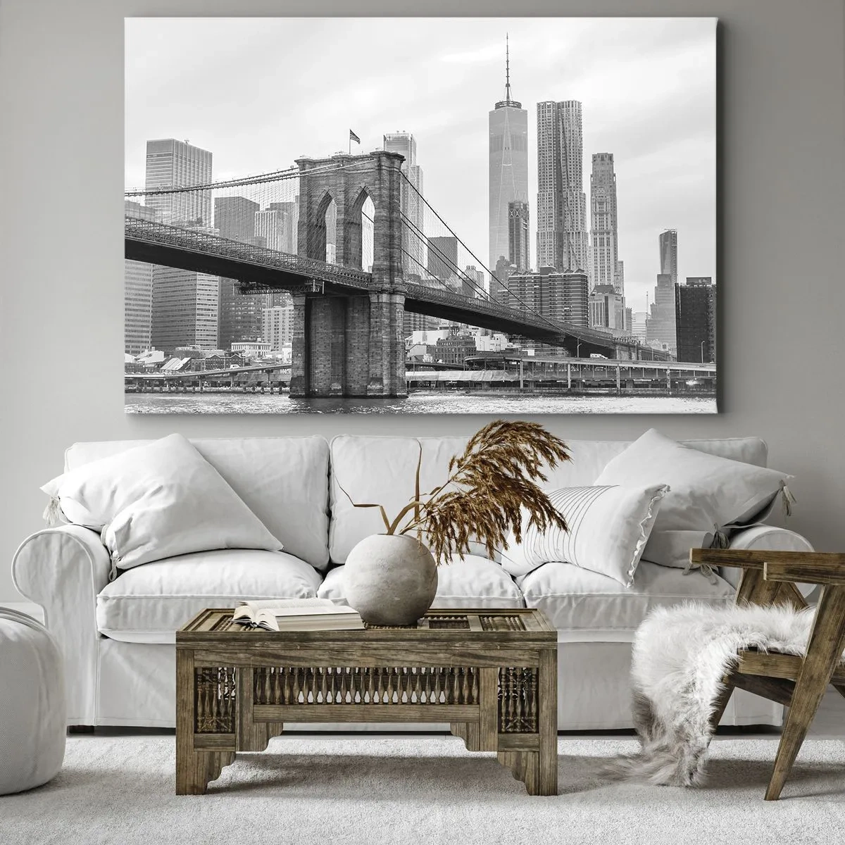 Impression sur toile - Image sur toile - Pont de Brooklyn avec les gratte-ciel de New York en arrière-plan - 120x80cm - Climat New-Yorkais - Décoration murale moderne pour le salon et la chambre ARTTOR