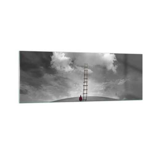 Impression sur verre - Image sur verre - Une personne portant un manteau rouge et une échelle menant à un nuage - 140x50cm - Tout est possible - Décoration murale moderne pour le salon et la chambre ARTTOR