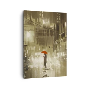 Impression sur toile - Image sur toile - Une silhouette avec un parapluie rouge dans une ville pluvieuse - 50x70cm - Seule mais pas solitaire - Décoration murale moderne pour le salon et la chambre ARTTOR