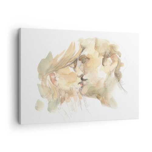 Impression sur toile - Image sur toile - Portrait romantique à l'aquarelle d'un couple s'embrassant - 70x50cm - A moitié trouvé ? - Décoration murale moderne pour le salon et la chambre ARTTOR