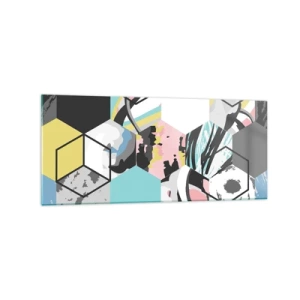Impression sur verre - Image sur verre - Motif hexagonal géométrique avec des détails abstraits colorés - 120x50cm - Hexagones et cubes en six couleurs - Décoration murale moderne pour le salon et la chambre ARTTOR