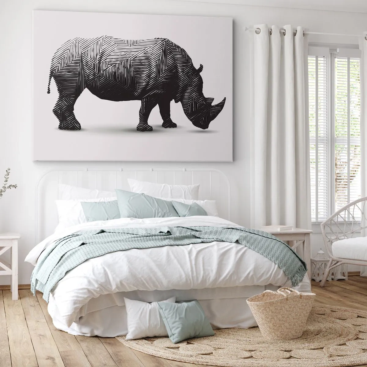 Impression sur toile - Image sur toile - Silhouette graphique d'un rhinocéros dans un motif noir et blanc - 70x50cm - Beauté géométrique de la nature - Décoration murale moderne pour le salon et la chambre ARTTOR