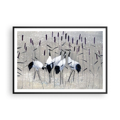 Affiche dans un cadre noir - Poster - Hérons dans l'herbe sur un fond paisible - 100x70cm - Parmi les siens - Décoration murale moderne pour le salon et la chambre ARTTOR