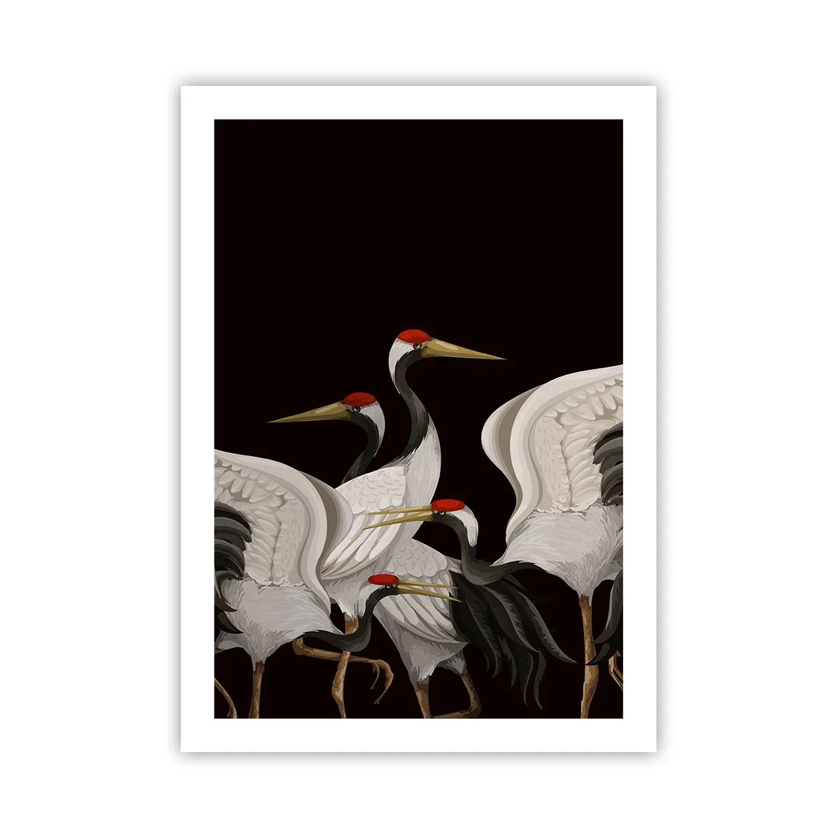 Affiche - Poster - Grues élégantes sur fond sombre dans un style oriental - 50x70cm - Histoire d'oiseaux - Décoration murale moderne pour le salon et la chambre ARTTOR