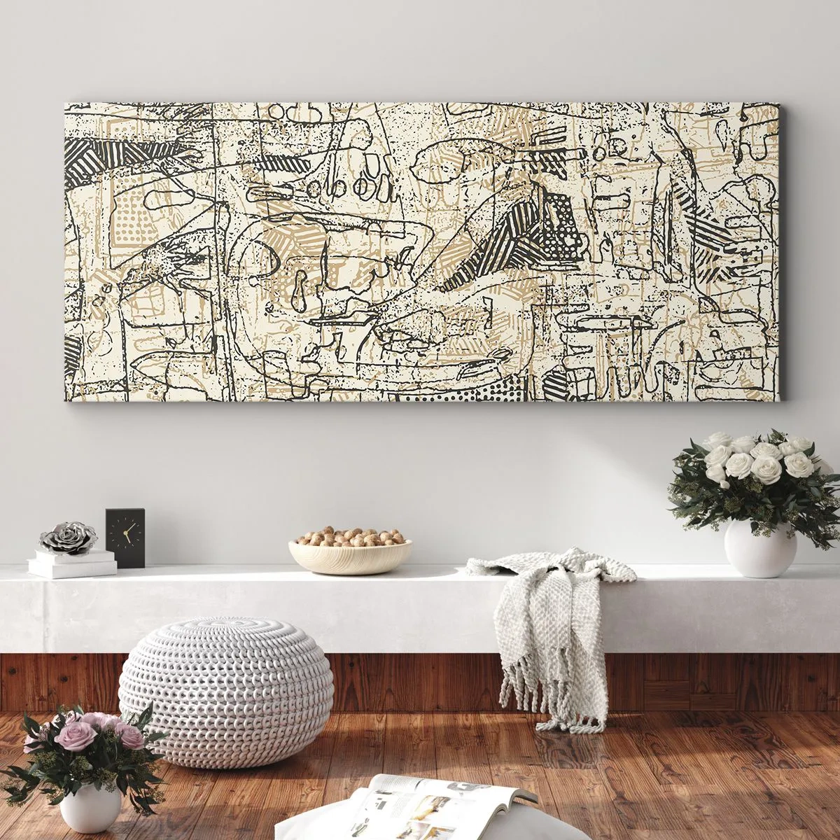 Impression sur toile - Image sur toile - Motifs abstraits et lignes sur fond beige - 160x50cm - Il attend d'être décodé - Décoration murale moderne pour le salon et la chambre ARTTOR