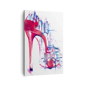 Impression sur toile - Image sur toile - Talon aiguille rouge abstrait avec détails urbains - 80x120cm - L'élégance des grandes villes - Décoration murale moderne pour le salon et la chambre ARTTOR