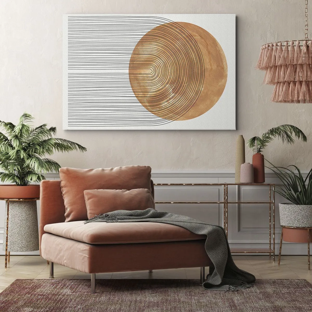 Impression sur toile - Image sur toile - Composition géométrique avec des cercles et des lignes aux couleurs chaudes. - 120x80cm - Composition solaire - Décoration murale moderne pour le salon et la chambre ARTTOR