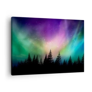 Impression sur toile - Image sur toile - Aurore boréale au-dessus d'une forêt avec un ciel étoilé - 70x50cm - Magie blanche - Décoration murale moderne pour le salon et la chambre ARTTOR