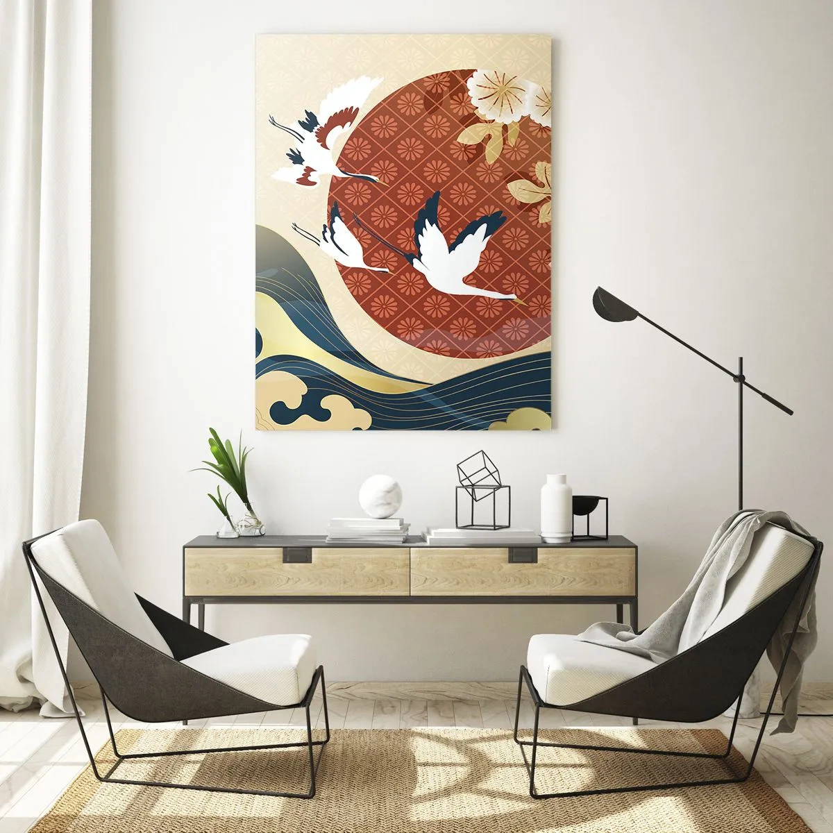Impression sur verre - Image sur verre - Composition japonaise avec des grues et des vagues - 80x120cm - Conte japonnais - Décoration murale moderne pour le salon et la chambre ARTTOR
