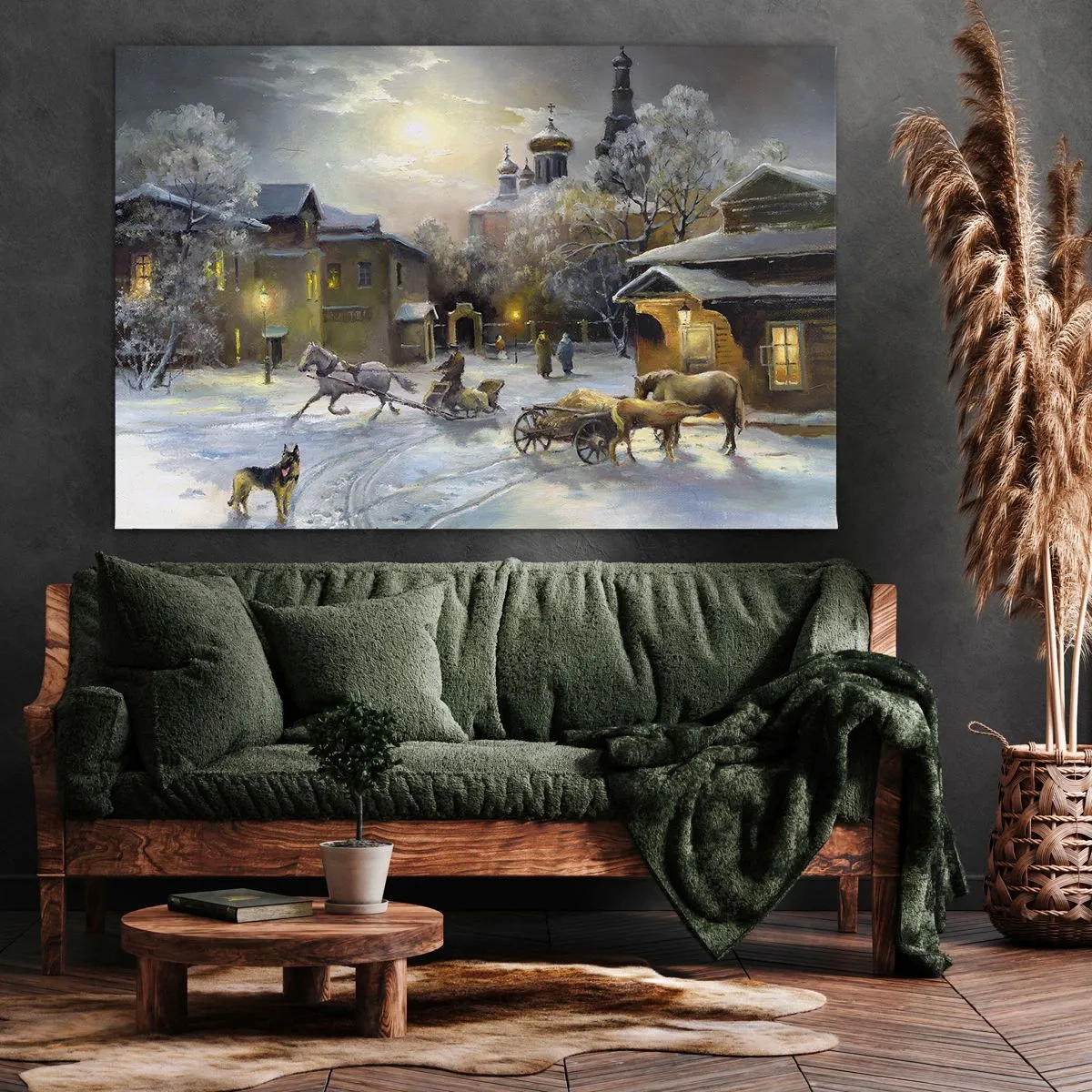 Impression sur toile - Image sur toile - Paysage d'hiver dans une ville russe avec un traîneau et une église - 120x80cm - La magie de l'hiver russe - Décoration murale moderne pour le salon et la chambre ARTTOR