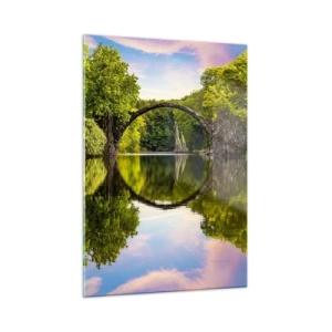Impression sur verre - Image sur verre - Un pont de pierre se reflétant dans la surface calme du lac - 50x70cm - À la jonction de deux mondes - Décoration murale moderne pour le salon et la chambre ARTTOR