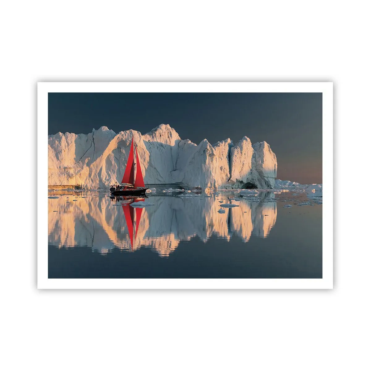 Affiche - Poster - Un voilier avec une voile rouge sur fond de glacier - 100x70cm - Aux limites du monde - Décoration murale moderne pour le salon et la chambre ARTTOR