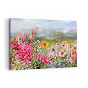 Impression sur toile - Image sur toile - Une composition colorée de fleurs sur un fond de paysage aux couleurs pastel - 100x70cm - Un jardin devenu fou - Décoration murale moderne pour le salon et la chambre ARTTOR