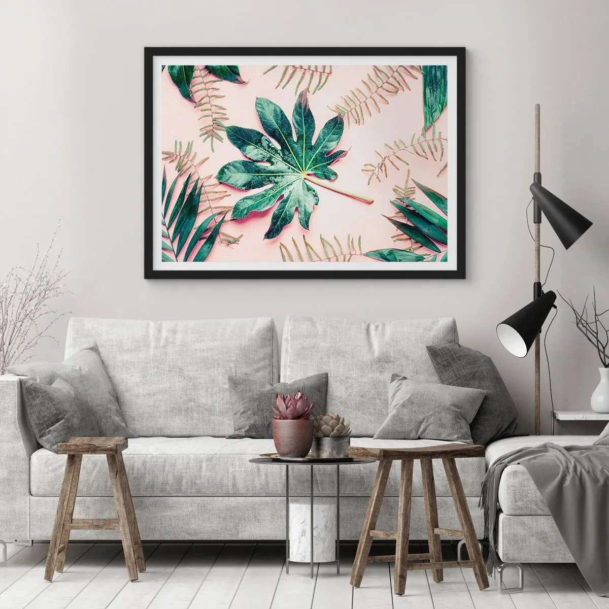 Affiche dans un cadre noir - Poster - Feuilles tropicales sur fond pastel clair - 70x50cm - Étude de verdure sur fond rose - Décoration murale moderne pour le salon et la chambre ARTTOR