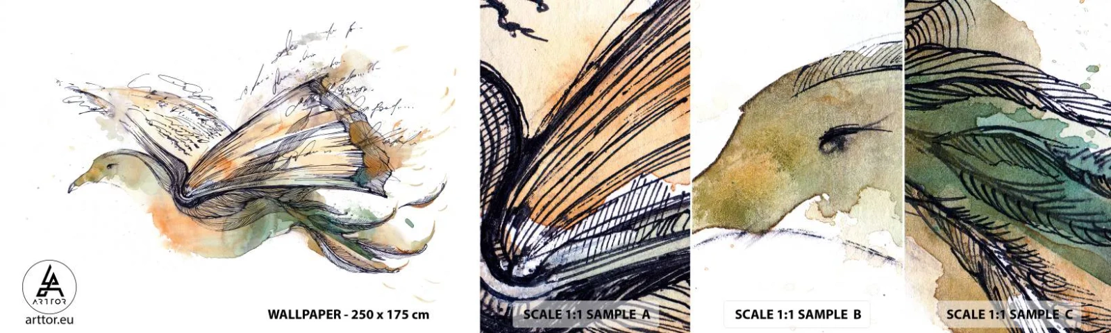 Échantillon De Papier Peint Standard Eco - Sur les ailes de la poésie - Abstraction, Oiseau, Livre - 100x30 cm