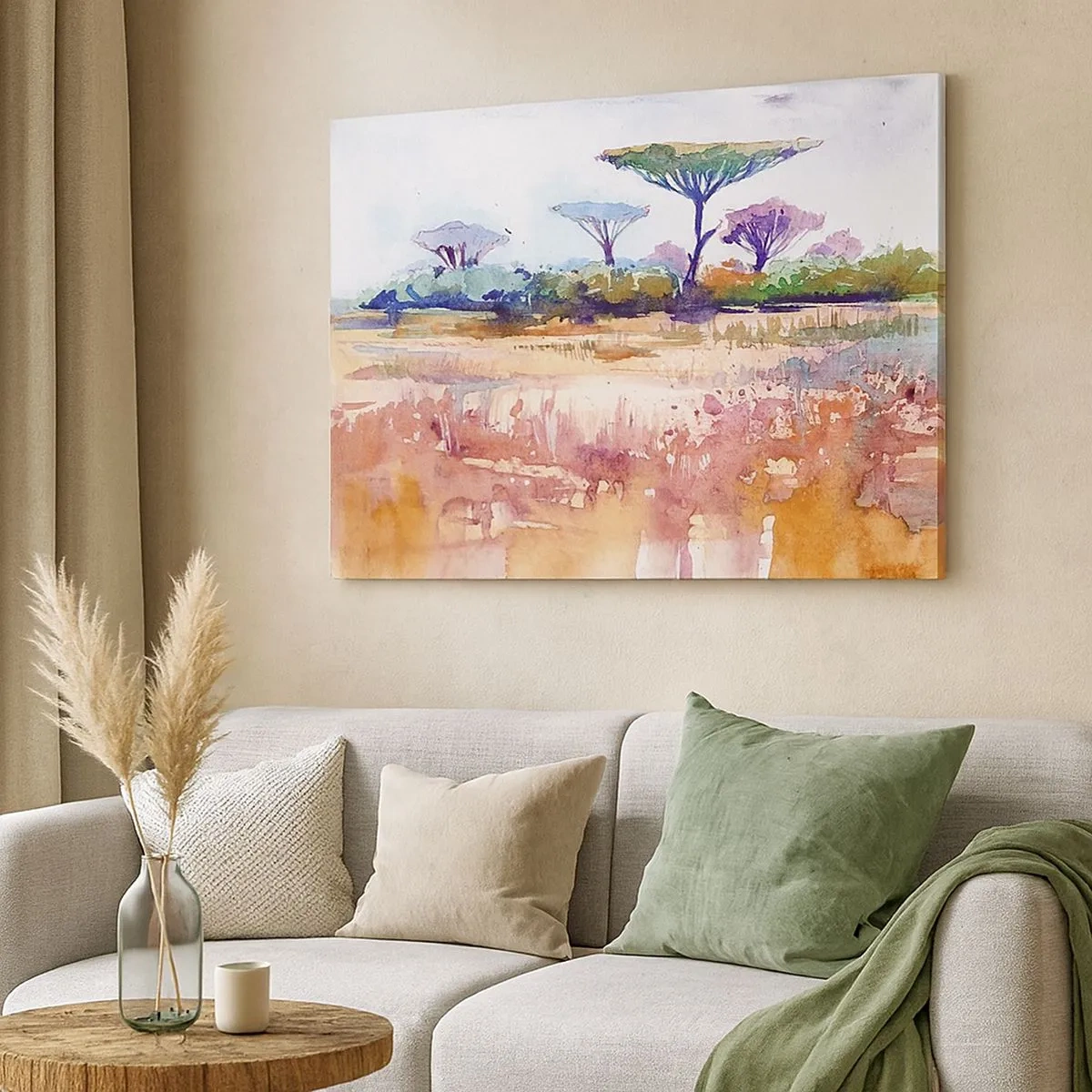 Impression sur toile - Image sur toile - Un paysage de savane pittoresque aux couleurs aquarelles - 70x50cm - Couleurs de savane - Décoration murale moderne pour le salon et la chambre ARTTOR