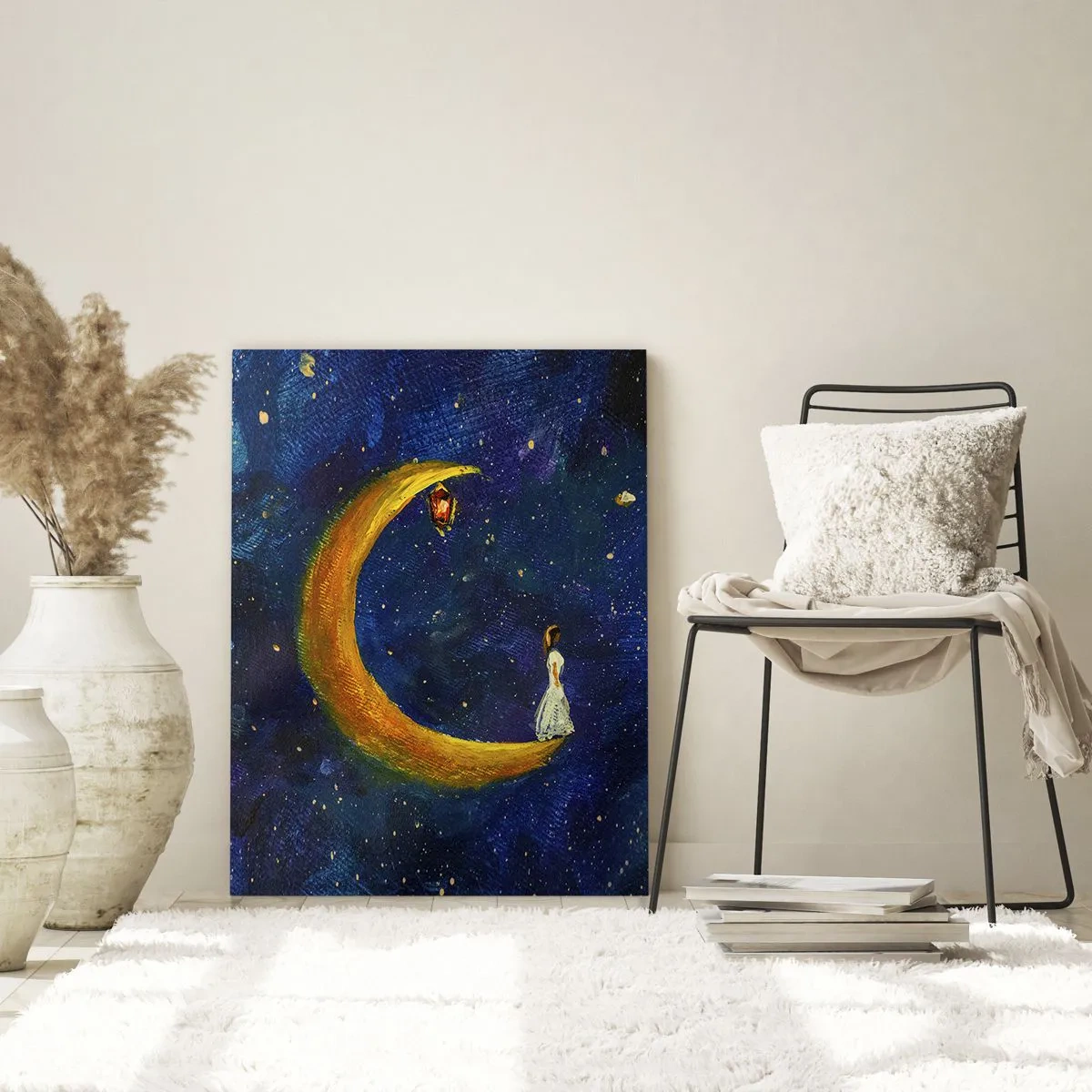 Impression sur verre - Image sur verre - Une figure sur la lune dans le ciel nocturne - 50x70cm - Appel du monde - Décoration murale moderne pour le salon et la chambre ARTTOR