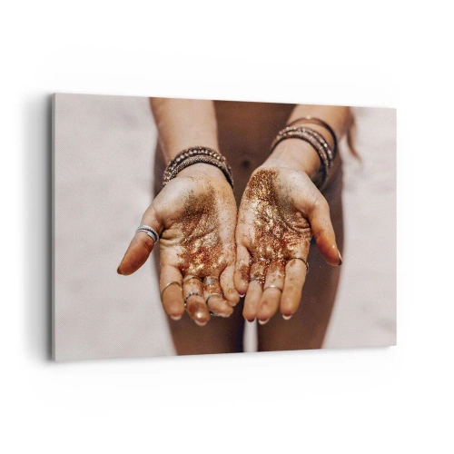 Impression sur toile - Image sur toile - Gros plan des mains avec des paillettes dans des tons chauds - 120x80cm - Un don pour vous - Décoration murale moderne pour le salon et la chambre ARTTOR
