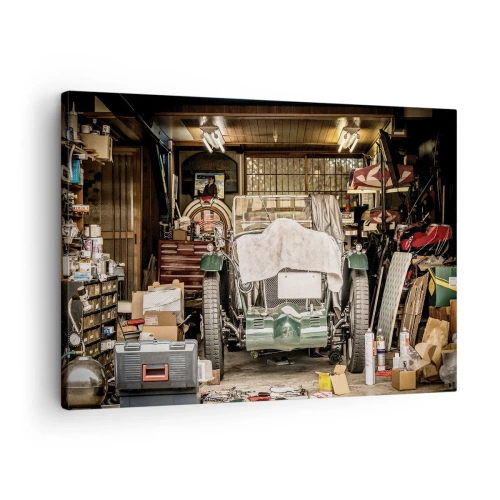 Impression sur toile - Image sur toile - Une vieille voiture dans un garage entourée d'outils et d'équipements - 70x50cm - Retour vers le passé - Décoration murale moderne pour le salon et la chambre ARTTOR