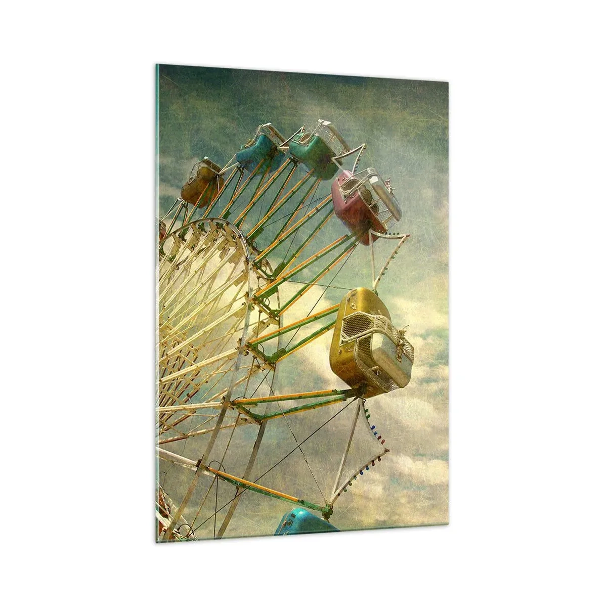 Impression sur verre - Image sur verre - Photo rétro d'une grande roue avec des palmiers contre le ciel - 70x100cm - On va faire la fête - Décoration murale moderne pour le salon et la chambre ARTTOR