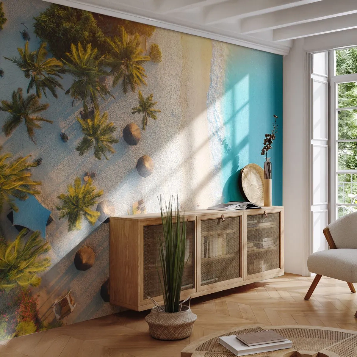 Papier Peint Photo Premium Sand - Bienvenue au paradis - Plage, palmiers, Exotisme - 150x105 cm