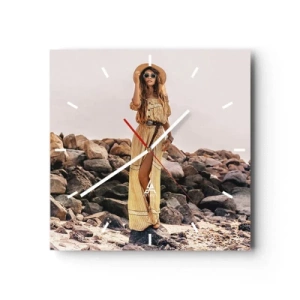 Horloge murale - Pendule murale - Une femme au style bohème sur fond de plage rocheuse - 30x30cm - La magie des pierres - Décoration murale moderne pour le salon et la chambre ARTTOR