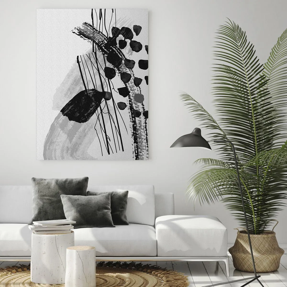 Impression sur verre - Image sur verre - Composition abstraite en noir et blanc avec des formes organiques - 70x100cm - Abstraction organique noir et blanc - Décoration murale moderne pour le salon et la chambre ARTTOR