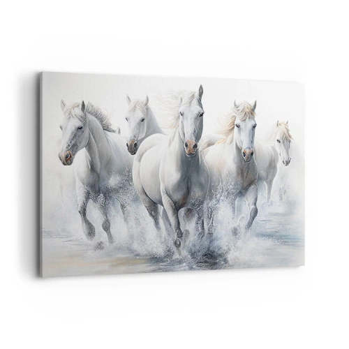 Impression sur toile - Image sur toile - Des chevaux blancs galopent dans l'eau - 120x80cm - Magie blanche - Décoration murale moderne pour le salon et la chambre ARTTOR