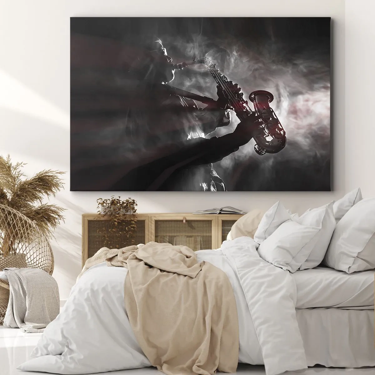 Impression sur toile - Image sur toile - Saxophoniste en fumée sur scène en noir et rouge atmosphérique - 70x50cm - Dans les brumes du jazz - Décoration murale moderne pour le salon et la chambre ARTTOR