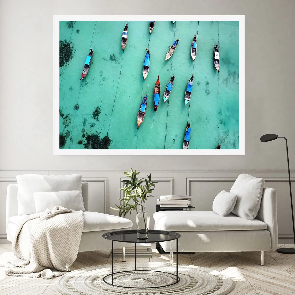 Affiche - Poster - Vue aérienne de bateaux sur une eau turquoise - 100x70cm - Dans une attente jouyeuse - Décoration murale moderne pour le salon et la chambre ARTTOR