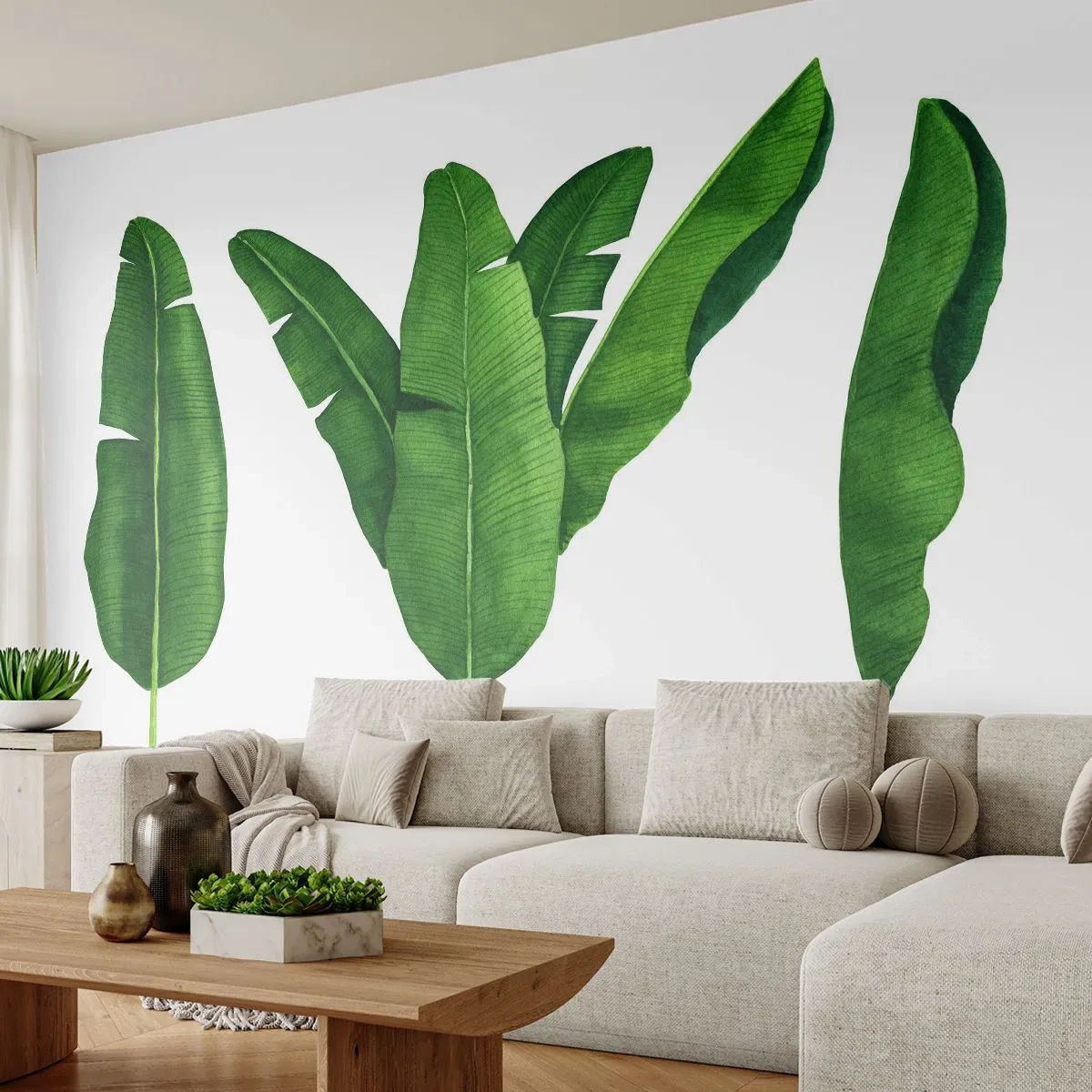 Papier Peint Photo Premium Canvas - Symétrie verte - Feuille de banane, Tropical, Style Botanique - 250x175 cm