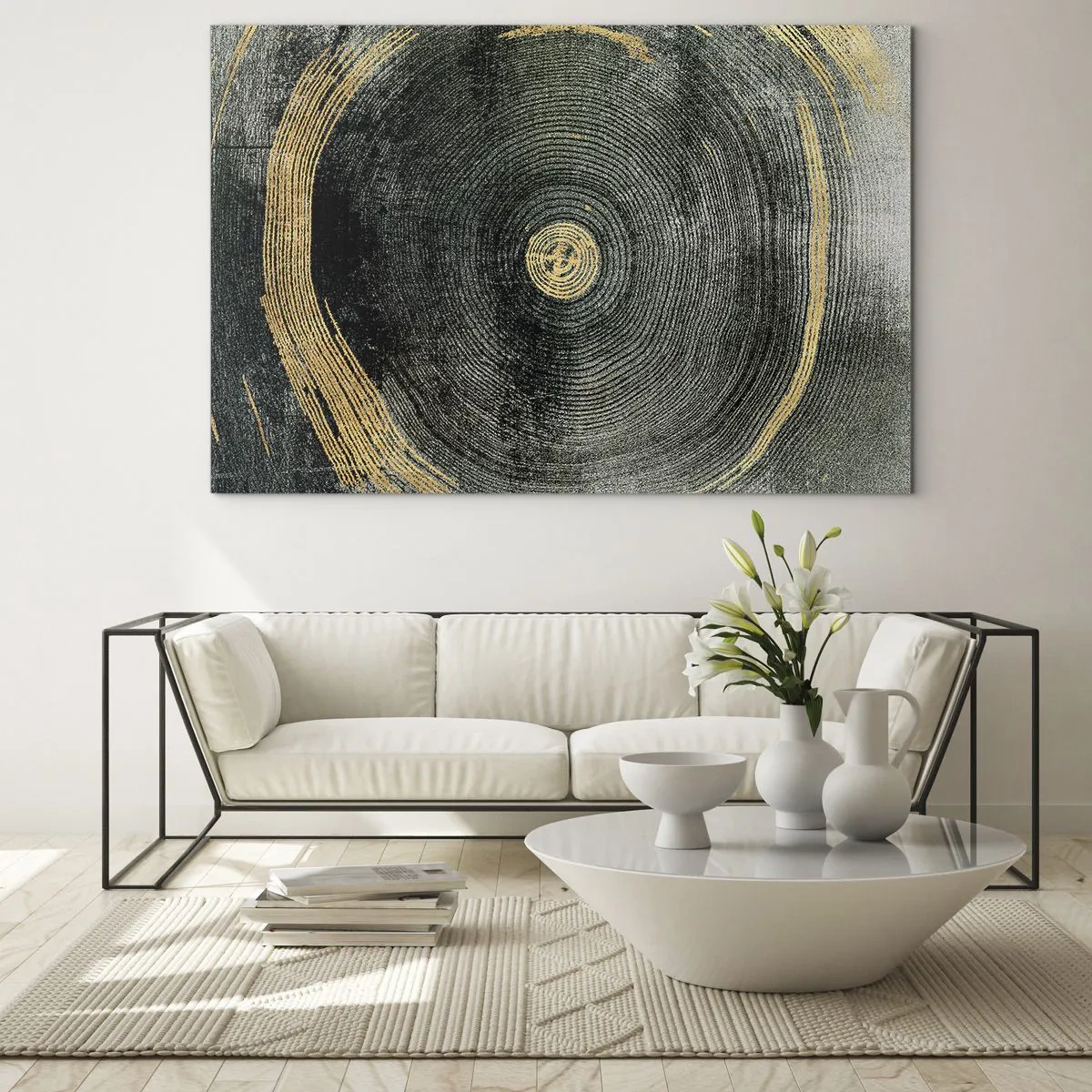 Impression sur verre - Image sur verre - Coupe transversale d'un tronc d'arbre avec détails et accents dorés - 120x80cm - Changement et persistance - Décoration murale moderne pour le salon et la chambre ARTTOR