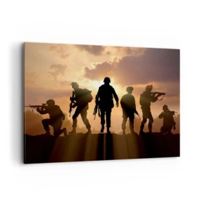 Impression sur toile - Image sur toile - Soldats sur fond de soleil couchant dans un décor dynamique - 100x70cm - Brothers in arms - Décoration murale moderne pour le salon et la chambre ARTTOR