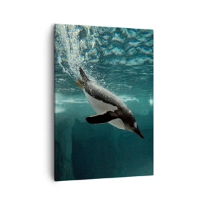 Impression sur toile - Image sur toile - Un pingouin plongeant dans les profondeurs de l'eau glacée - 50x70cm - Bienvenue dans mon monde - Décoration murale moderne pour le salon et la chambre ARTTOR